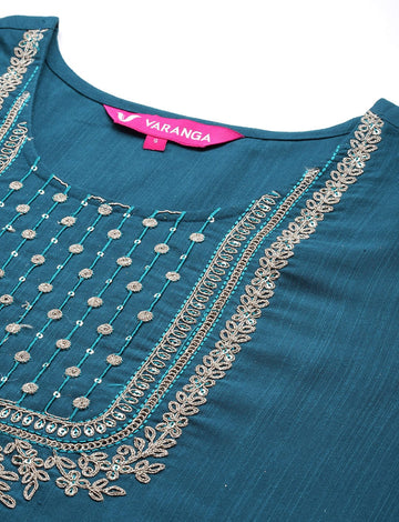 Blue Round Neck Embroidered Yoke Straight Kurta Paired With Tonal Bottom And Dupatta